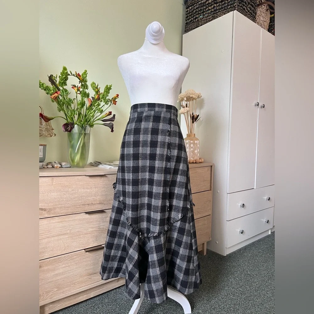 Plaid Check Ruffle Asymmetrical Midi Knee-Length High-Waist Modest Fringe Skirt - Picture 8 of 16
